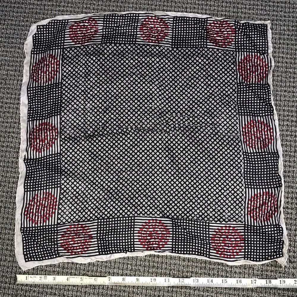 Black & White Checked Square Scarf with Red Rosette Border